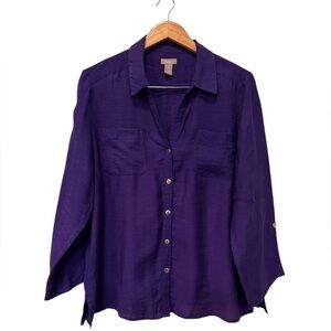 Chico’s Purple Linen-Look Button Down Shirt Size 2 (L)